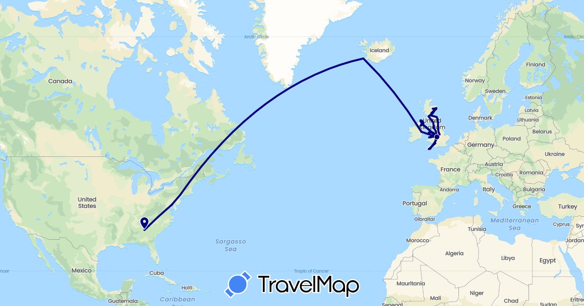 TravelMap itinerary: driving in United Kingdom, Ireland, Iceland, United States (Europe, North America)